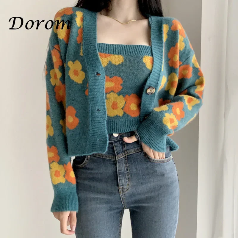 Flower Print Cropped Cardigan Women Korean Fashion Casual Blue Sweater Single-Breasted Long Sleeven Tops + Knit Vest 2 Pcs Set