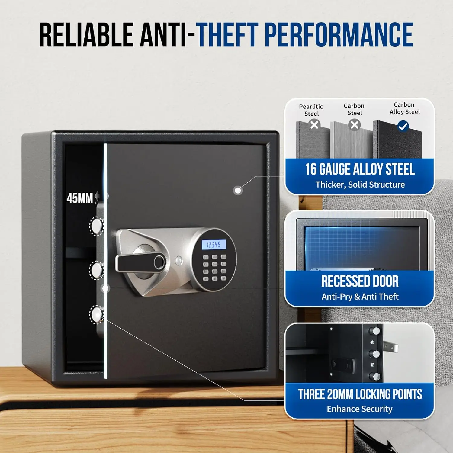 Biometric Safe Box 1.5 Cub Home Security Safe Fingerprint Recognition Money Safe with Keys Keypad Lock Box Secure Jewelry Valuab