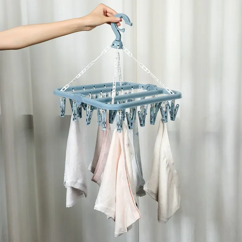 Foldable Drip Hanger with 32 Clips- Plastic Hanging Drying Rack for Clothes Underwear Socks Windproof Drying Rack Clothes Hanger