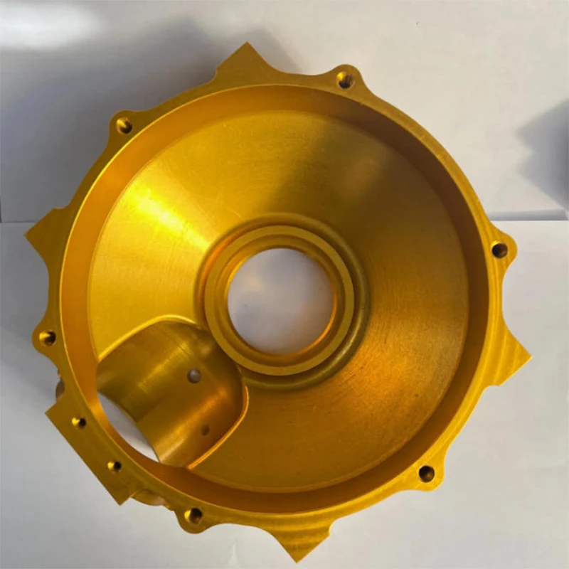 

CNC Precision Machined 6061 Aluminum Alloy Housing, Golden Hard Anodized Custom CNC Milling Aluminum Flange Mount Cover