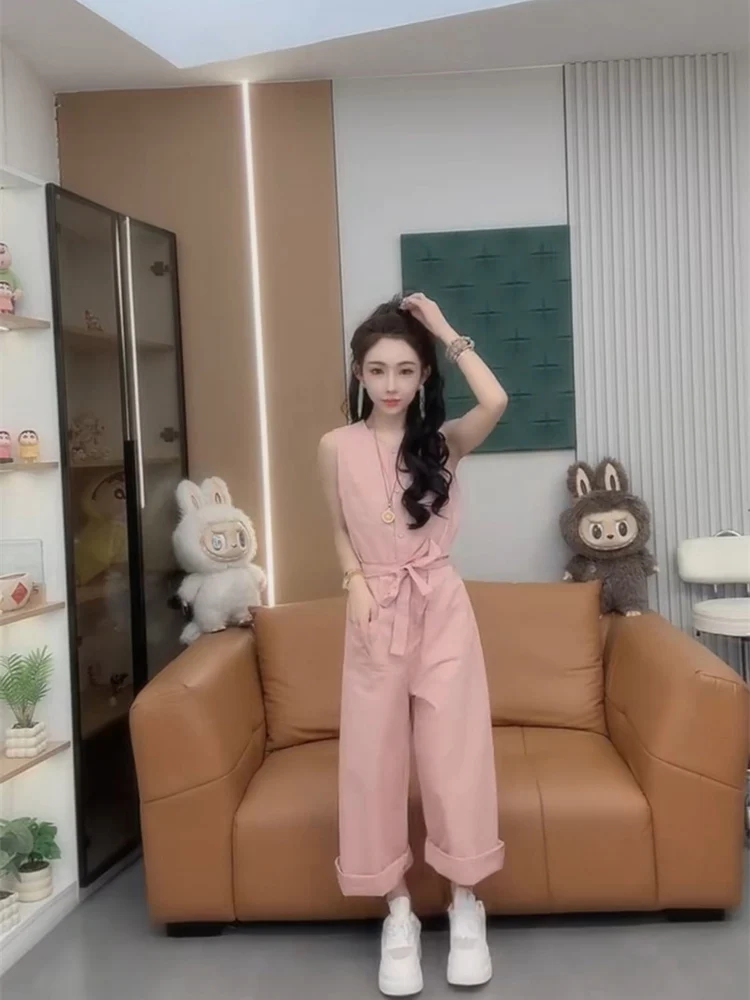 韓国風おしゃれなモノキニ、2025年夏デザイン、ワイドレッグパンツ、ウエストシェイプ、スリム、無地、ハイウエストロングパンツ