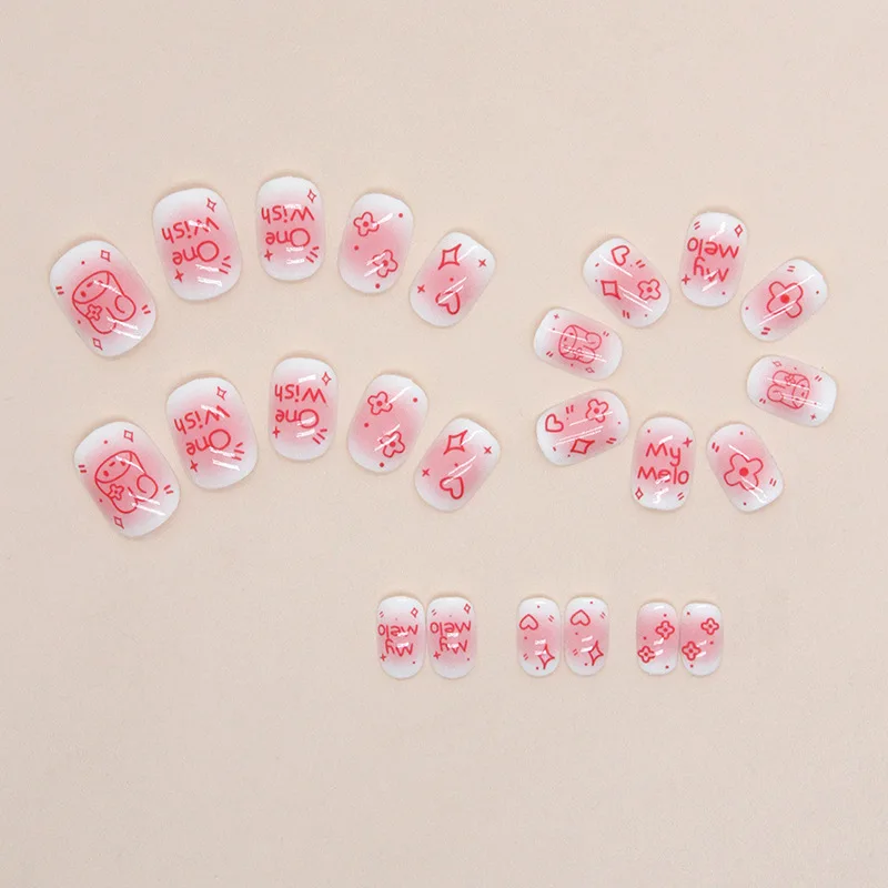 24 Stks/set Korte Ovale Cartoon Blush Press Op Nagels Schattig Engels Konijntje Kinderen Nep Nagel Verwijderbare Draagbare Nail Art