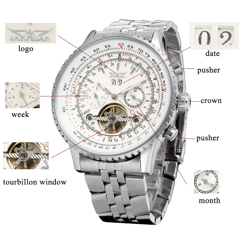 JARAGAR 034 Top Luxury Retro Blue Automatic Mechanical Watch Tourbillon Hollow Skeleton Stainless Steel Date Month Watch for Men