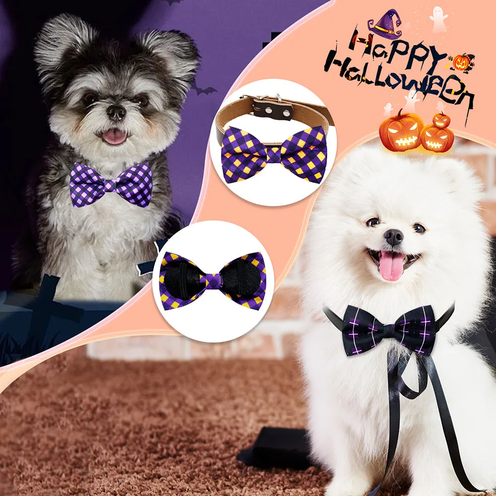 20PCS Pet Collar Halloween Series Dog Bow Tie Adjustable Classic Plaid Pet Neckties Bowties For Dogs Pet Grooming Accessories