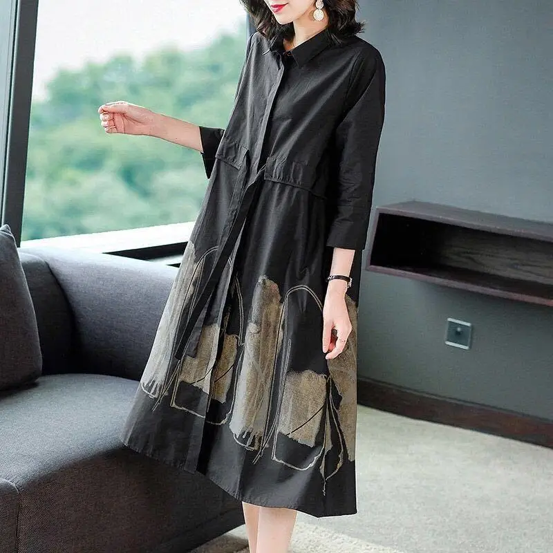 2023 Summer New Drawstring Temperament Casual Simple 3/4 Sleeve Versatile Mid Length Fashion Trendy Women's Clothing Dresses