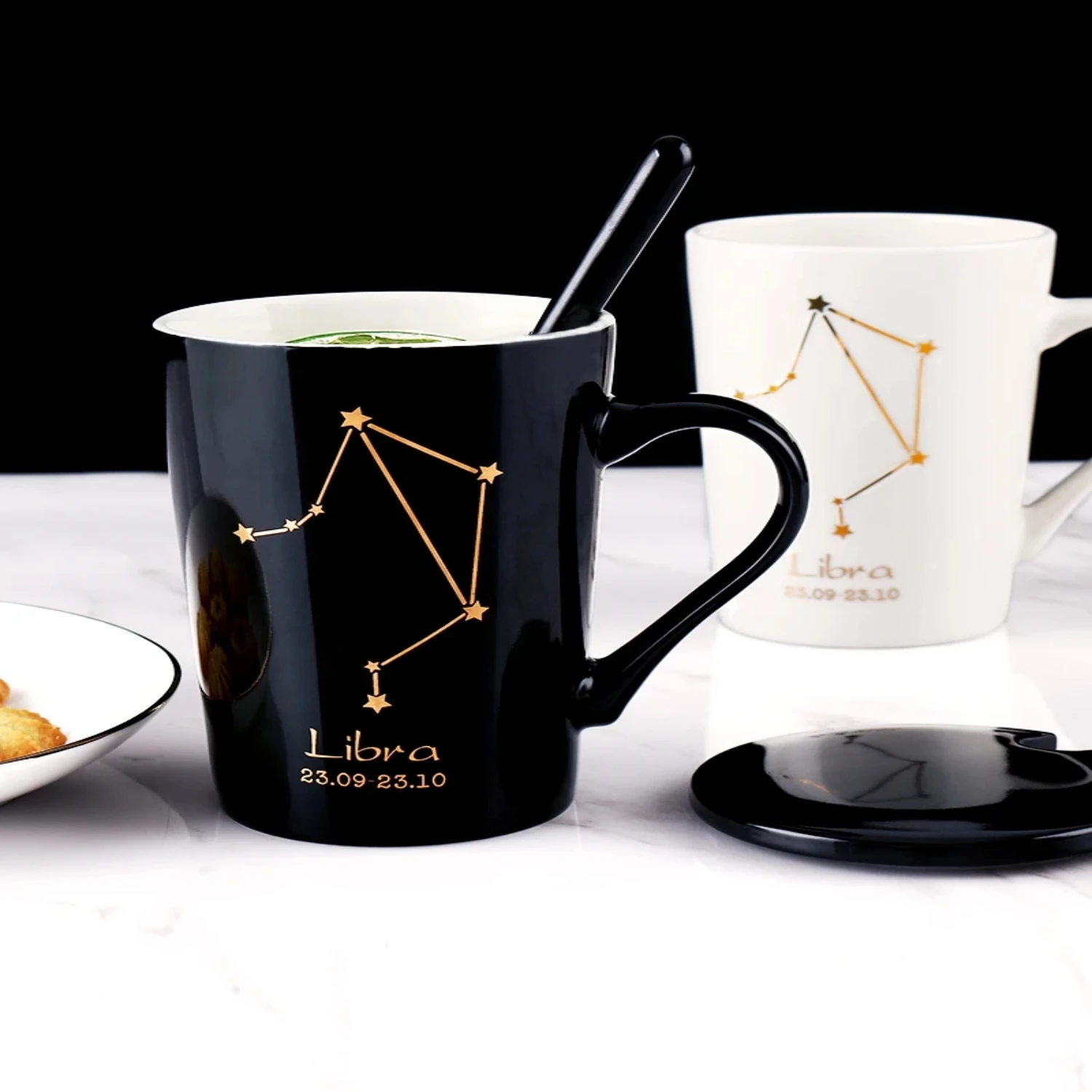 Ceramic Mugs 12 Constellations Creative Mugs With Spoon Lid Black Mug Porcelain Zodiac Milk Coffee Cup Drinkware Couples Gift