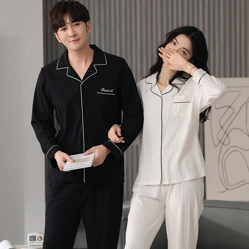 Newest M-3XL Couple Pajamas Set Spring Knited Cotton Men Long-Sleeved Sleepwear Women Nightgown Home Suit Lovers Pyjamas