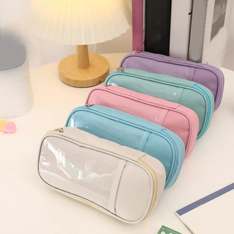 Simple Large Capacity Pencil Case Solid Color Zipper Storage Stationery Bag Transparent Office Pencil Bag