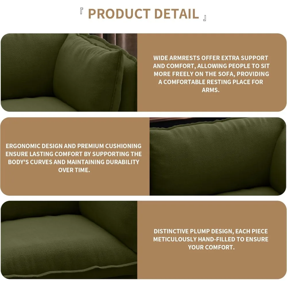 أرائك سحابة مقاس 80 بوصة لغرفة المعيشة، أريكة من قماش الكتان مكونة من 3 مقاعد مع وسادتين مسند للذراع وأرجل خشبية أسفل الأريكة المنجدة #5