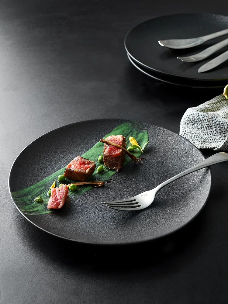 Japanese Restaurant Cutlery Black Frosted Steak Plate Dinner Cooking Dishes Kitchen Utensils Porcelain Round Salad Dessert Plate