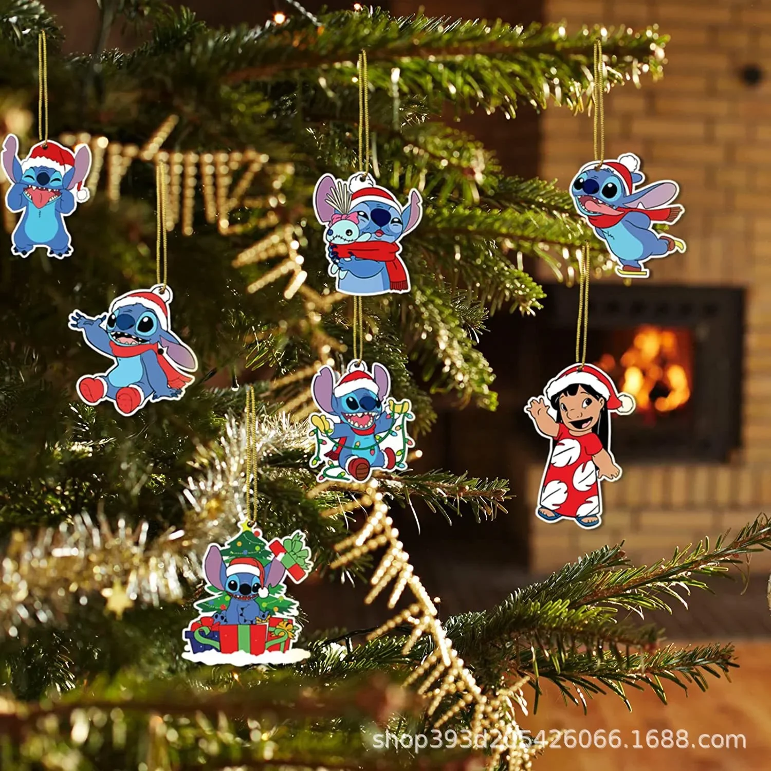 12pcs Disney Stitch Christmas Tree Ornaments Pendant Doll Toy Wooden Anime Hanging Decor Christmas Home Party Supplies kids Gift