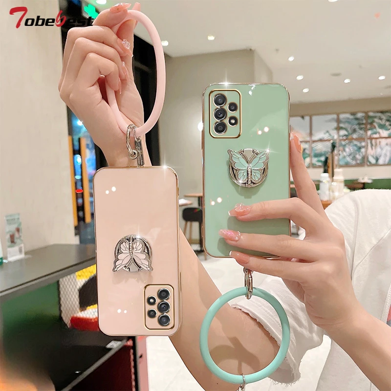 Butterfly Ring Phone Holder Plating Case for Samsung Galaxy A12 A22 A32 A42 A52 A72 A82 A51 A71 A11 A21S A31 A81 A91 4G 5G Cover