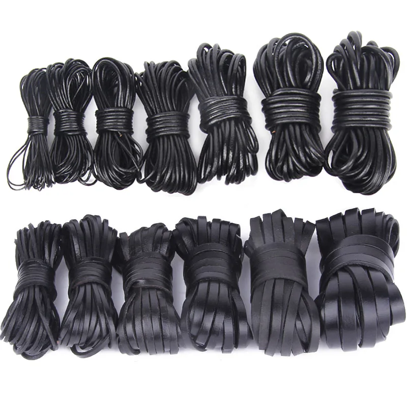 2Meter 1-20mm Black Genuine Leather Cord Flat Round Cow Leather Strap Rope Thread Fit Necklace Bracelet DIY Jewelry Accessories