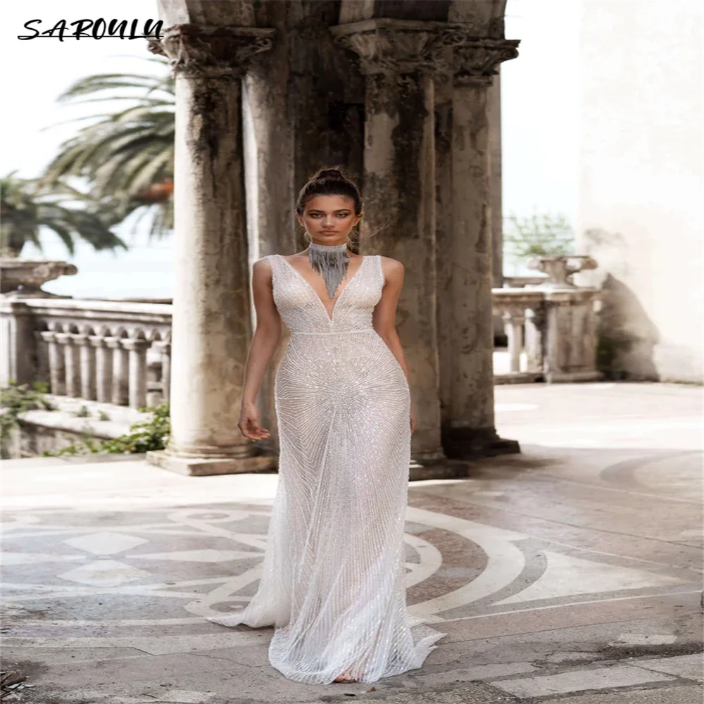 

Sexy Deep V-neck Sleeveless Wedding Dress Illusion Floor-length Beadings Bridal Gown Romantic Vestidos De Novia