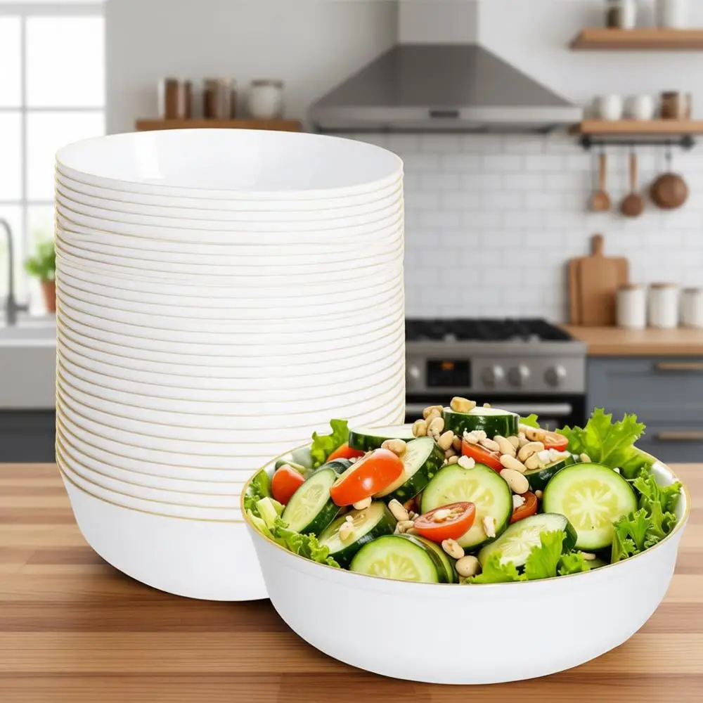 Paquete de 50 Tazones de Sopa de Plástico Blancos de 16 oz con Bordes Dorados - Tazones Desechables Premium para Servir en Bodas y Fiestas