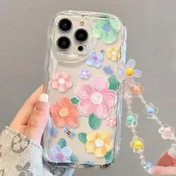 Oil Painting Colored Flowers Hang Chain Case for OPPO A38 A58 A78 A79 A98 Reno 5 6 Lite 7 4G 14 13 12 11 Pro 11F 12F 13F 14F 5G