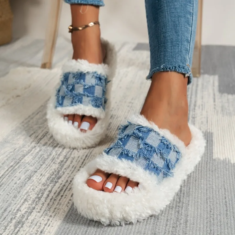 Zapatillas cálidas de lana para mujer, zapatillas de plataforma antideslizantes, diseño de lujo, grandes, exteriores, interiores, ocio, invierno, 43