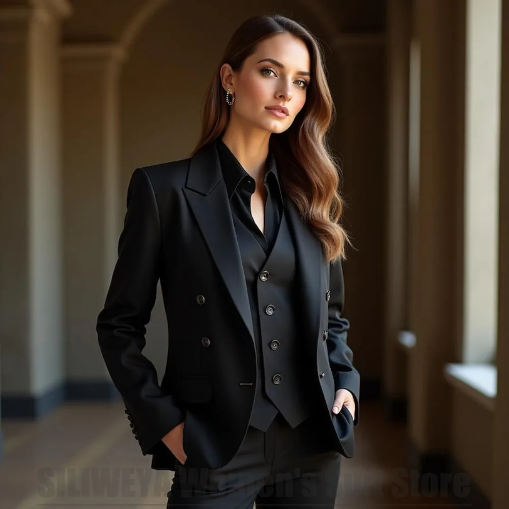 

SILIWEYA Women Black Double Breasted 3 Piece Suit Set Blazer Vest Pants Formal Office Business Wedding Party Slim Fit Tuxedo