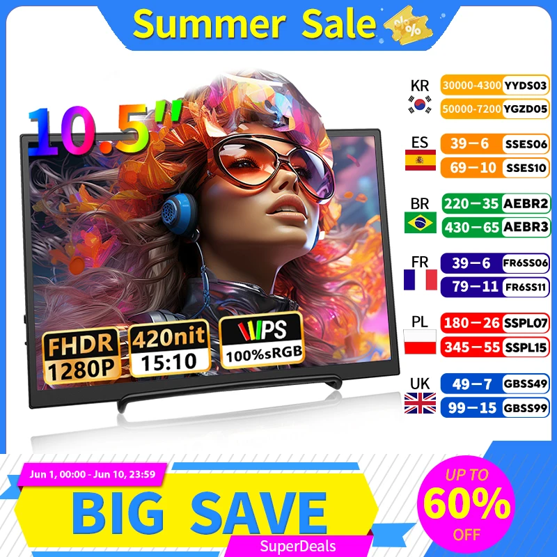 10.5 inch Portable Monitor 1280P 100%SRGB 420cd/m2 With dual speakers Mini HDMI interface For Laptop PC PS4 Game Console