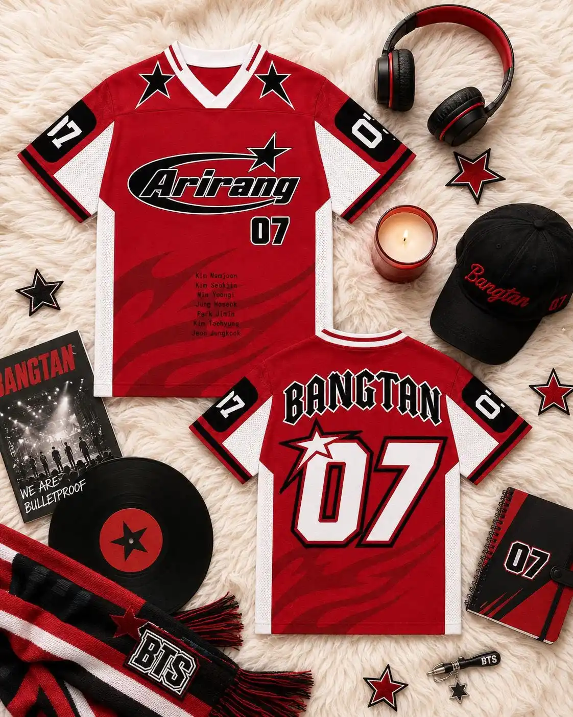 Black Red Star Mesh Jersey JUNGKOOK 97 Seven 07 Lightning Print V Neck Oversized Breathable Kpop Fan Concert Short Sleeve Top view 4