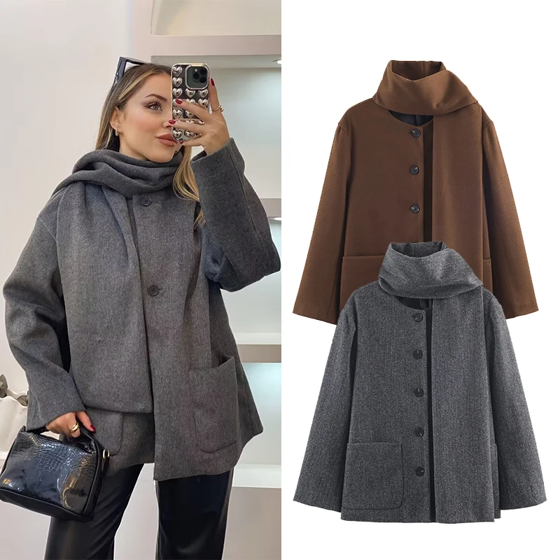 

Women's Elegant Scarf Collar Jacket Fashion High Quality Autumn Winter Long Sleeve Coat 2025 New Lady Commuter Casual Outerwear