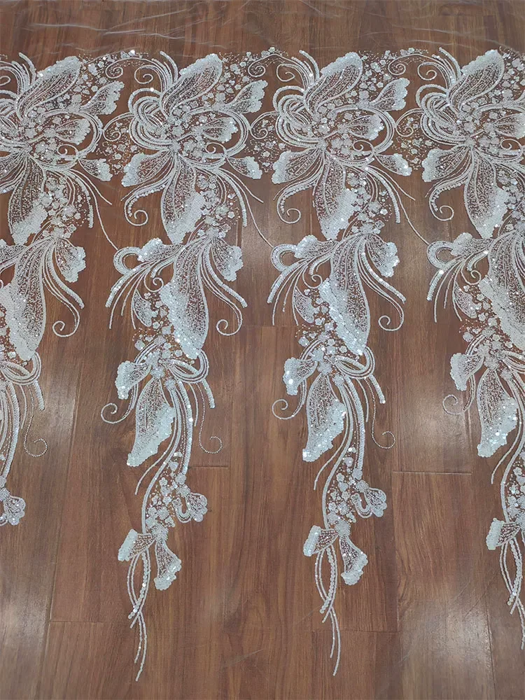 

1yard Nail pearl sequin embroidery telas con bordado soft mesh fabric Wedding veil dress cheongsam fabrics for patchwork