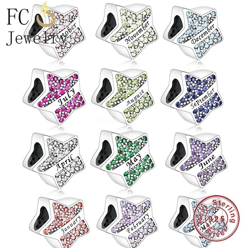 FC Jewelry Fit Original Charms Bracelet 925 Silver Star Month Zircon Stone June October  Bead For Making Birthday Gift Berloque