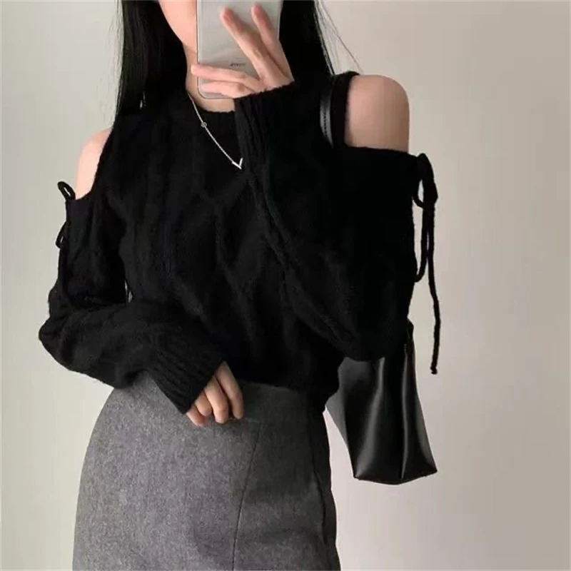 الكورية الموضة خارج على الكتف البلوز المرأة سترة الخريف الشتاء الدانتيل يصل البلوز غير رسمي س الرقبة فضفاضة طويلة الأكمام محبوك القمم #6