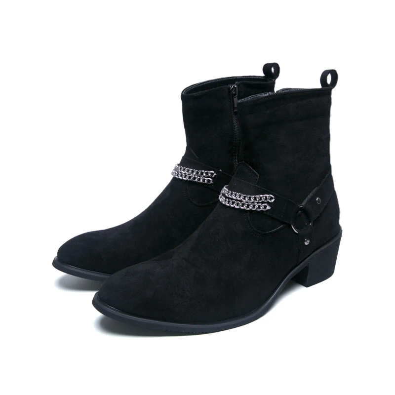 New Designer Winter High Tops Pointed Punk Hip-hop Metal Chain Leather Chelsea Ankle Boots For Men's Flats Black Brown Shoes