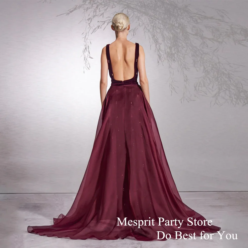 Burgundy Prom Dress Square Neck Customized Velour Formal Party Gown with Organza Skirt Slit Sheath Evening Dresses فساتين سهرات