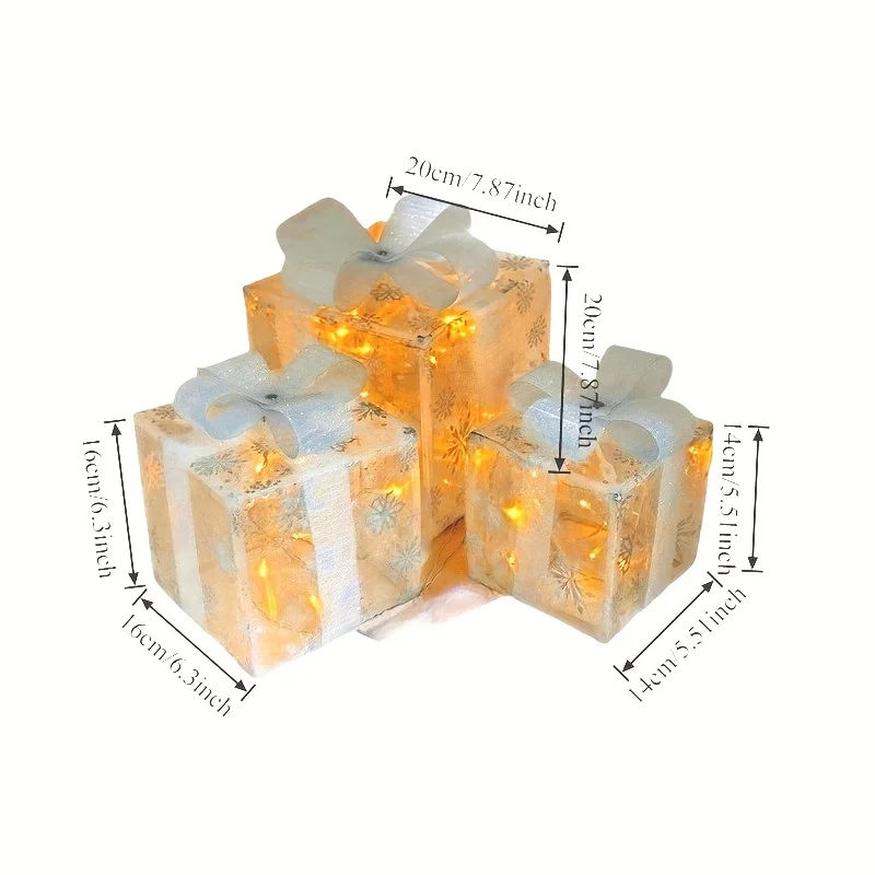 3pcs Luminous Gift Box Warm Light Butterfly Tie Christmas Gift Box, Shiny Gift Box, Battery Powered (3*AA No Built-in Battery)