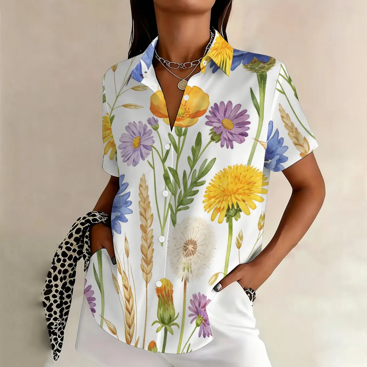 

Fashion women's plus-size summer shirt, watercolor floral design, perfect for vacation, outings, gatherings and casual wear.