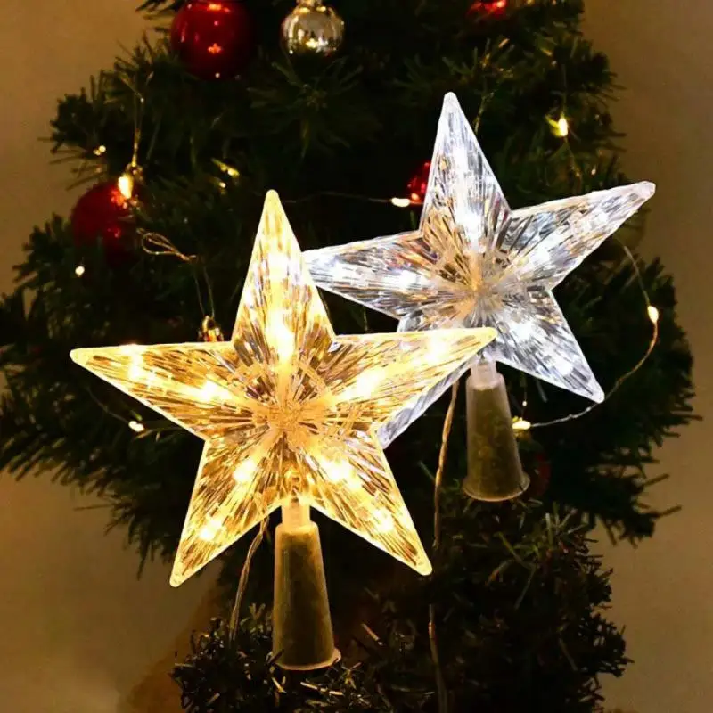 22cm Christmas Glowing Tree Topper Five-pointed Star Transparent LED Shining Lamp Xmas Colorful TopStar Ornaments Navidad Decora