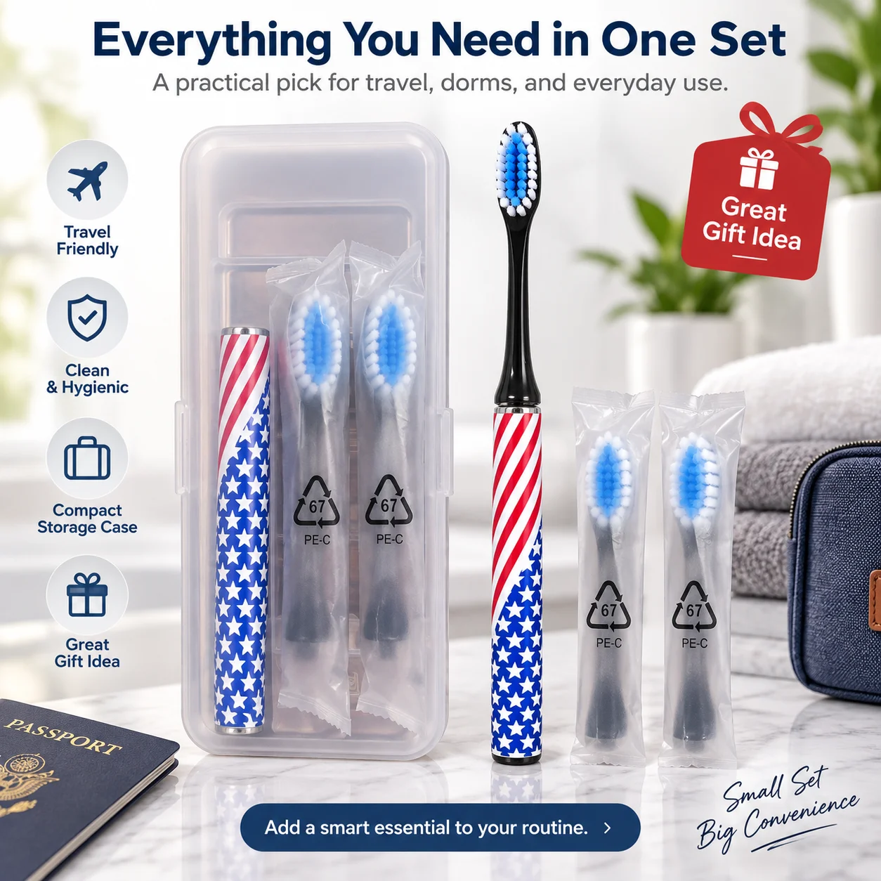 Manual Travel Toothbrush Set with Storage Case - Includes 2 Random Replacement Brush Heads Compact Portable Design for Travel Dormitory & Camping