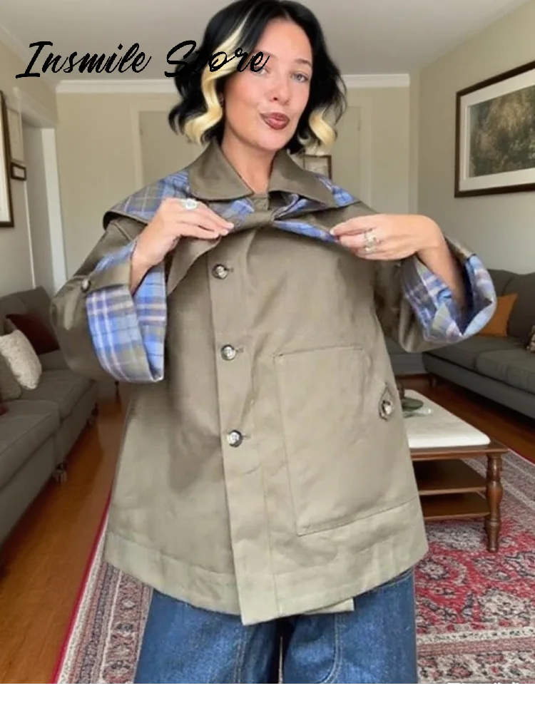 Elegantní kostkované oboustranné kabáty s klopou, jednořadé zapínání na dlouhý rukáv, kapsa, šněrovací bunda, podzim 2025, dámské ležérní svrchní oblečení, nové - náhled 2