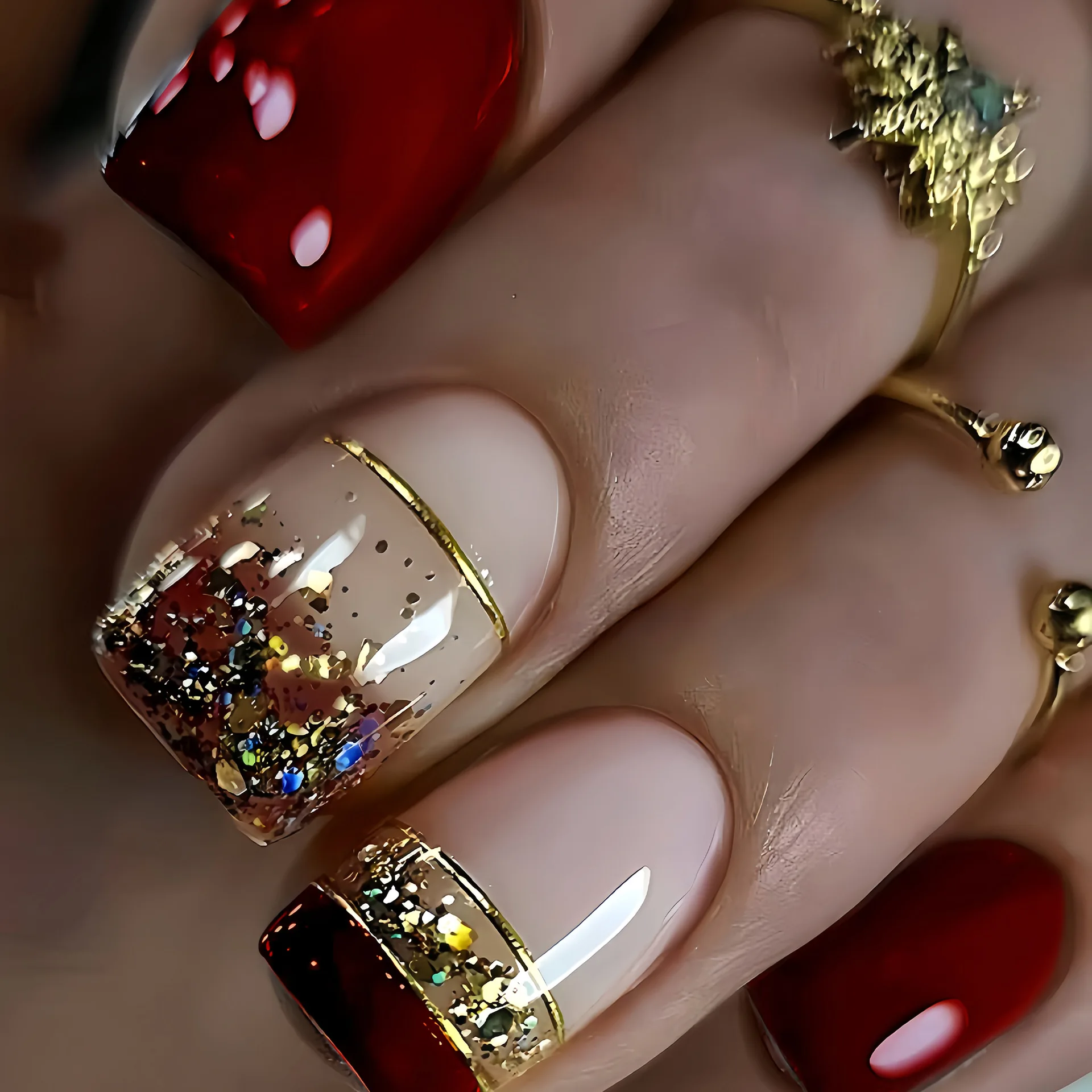 

24PCS Autumn Red Short Square False Nail Tips Glitter Sequin French Press on Nails Full Cover Wearable Fake Nails Simple Designs