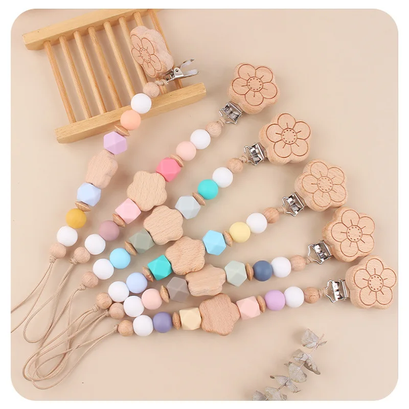 ABCPICK Bebek ürünleri Çiçek kayın emzik klipsi Bebek karikatür çiçek kayın ısırma diş emzik zinciri Anti damla zinciri