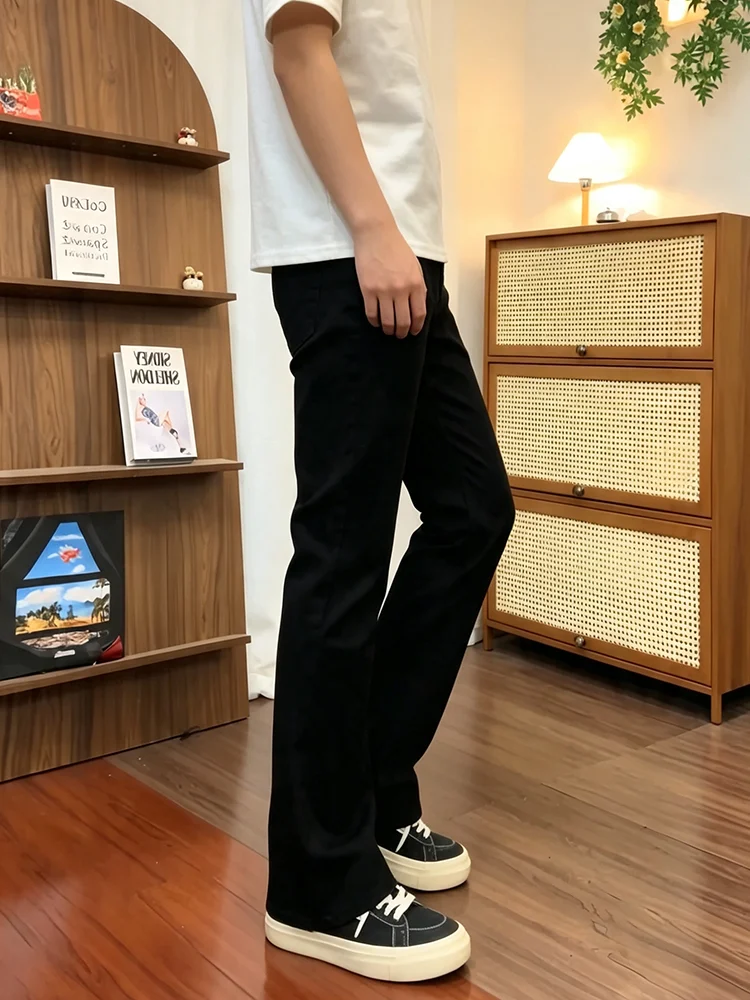 Monster Lab Black 517 Leaf Blade Jeans Men's American High Street Elastic Slim Straight Leg Micro Flared Pants Cotton Polyester