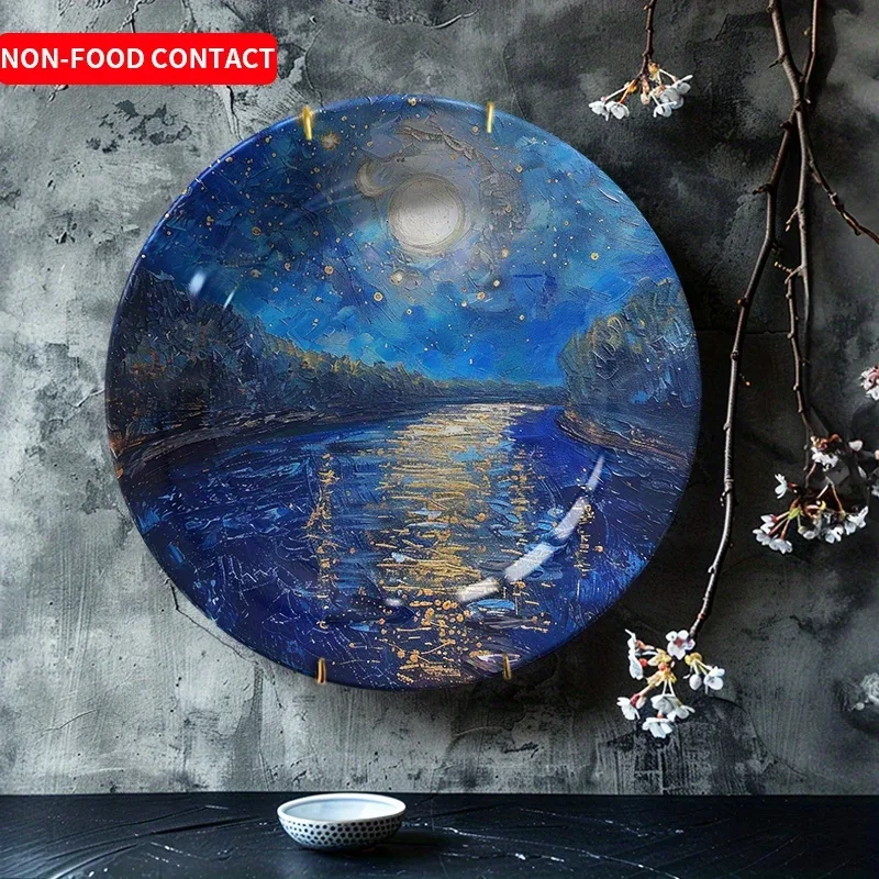 1pc Hand-Painted Moonlit Lake Ceramic Plate - Deep Blue & Golden Night Sky Decor, Non-Food Contact Decoration for Living Room,