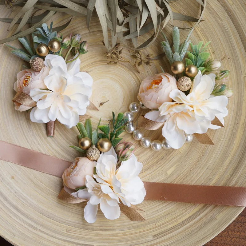 *الشمبانيا المعصم الصدار وصيفه الشرف العريس الأخوات أساور الشريط اليد الزهور الاصطناعية الزفاف العروة حفلة موسيقية اكسسوارات