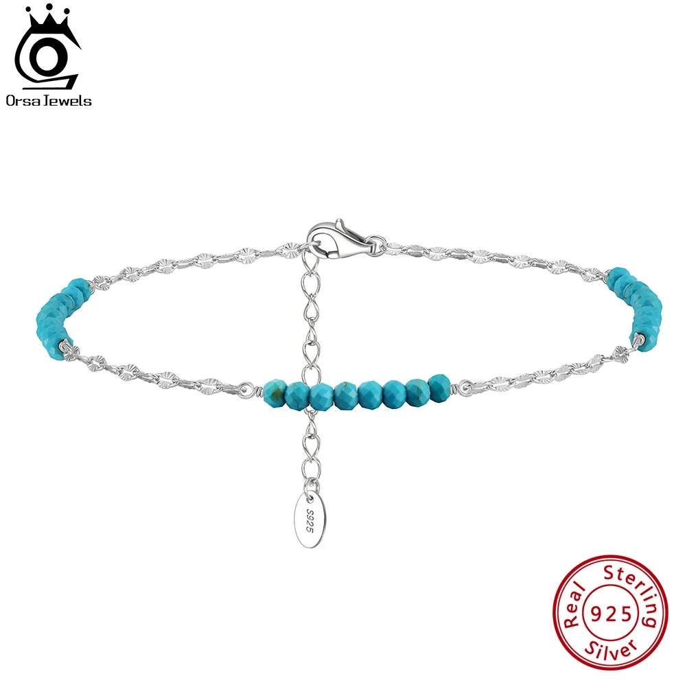 ORSA JEWELS 925 Sterling Silver Natural Turquoise Anklet with Butterfly Chain for Women Dainty Vintage Straps Jewelry SA85