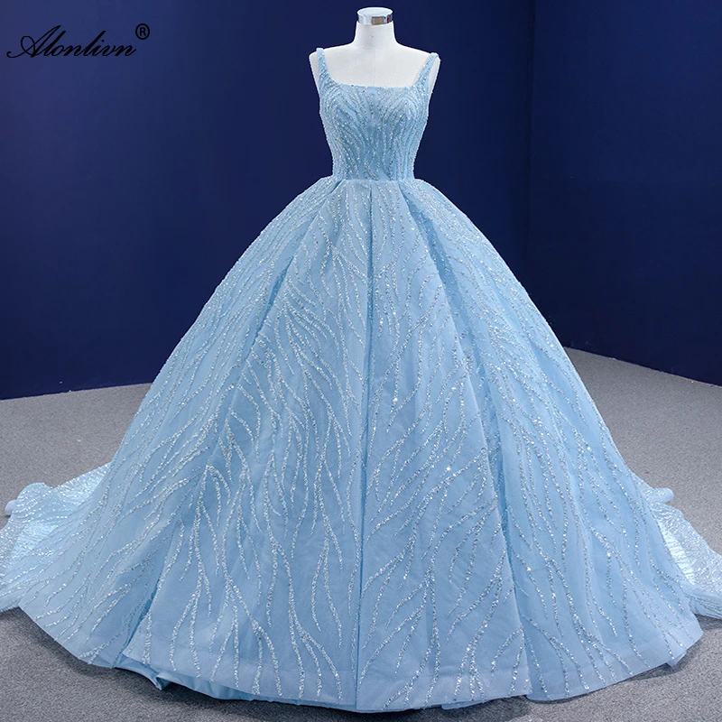 Alonlivn Brilliant Beaded Lace Ball Gown Wedding Dresses Elegant Spaghetti Straps Bridal Skirts