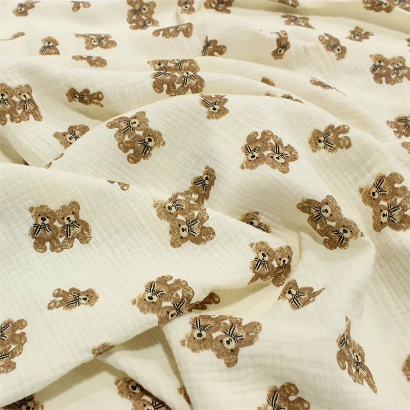 

100X135cm Double Layer Gauze Cotton Crepe Fabric Cartoon Bear Printed Cotton Fabric for DIY Sewing Home Textile Sleeping Wear