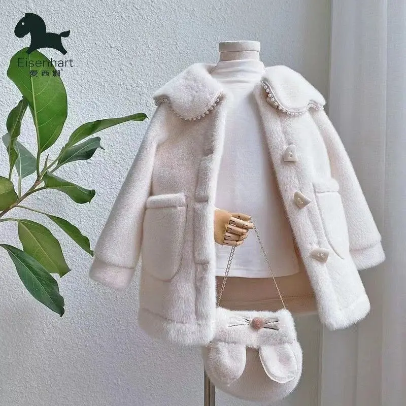 Girls Jacket Autumn Winter Warm Faux Fur Coat for Girls Christmas Princess Outwear Cute Plush Children Clothing Coat+bag 2pc Set