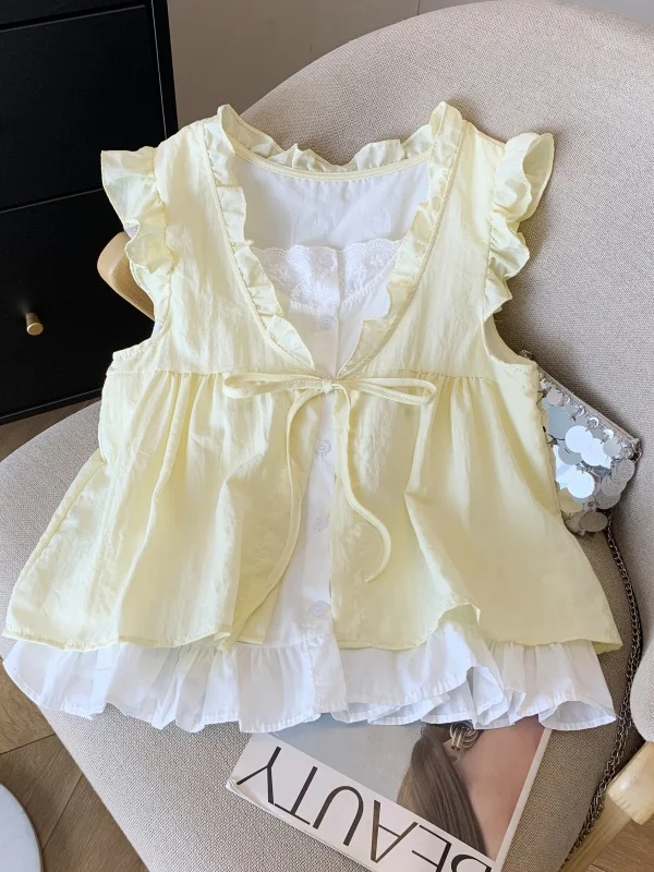 

Loose Women's Shirt with Lace Trimmed Blouse Style Summer Breathable Short Sleeve Flying Sleeve Doll Dress Cotton Material