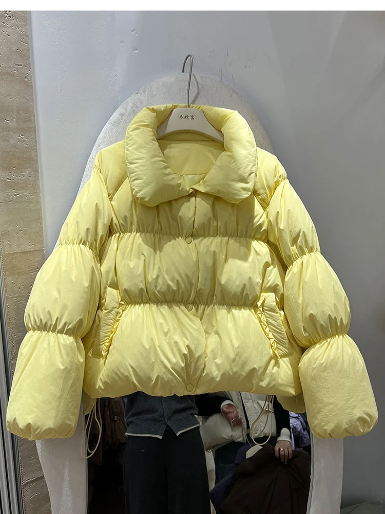 가을 겨울 신상 캔디 컬러 라펠 칼라 다운 재킷 여성용 달콤하고 귀여운 두꺼운 화이트 덕 다운 따뜻한 코트