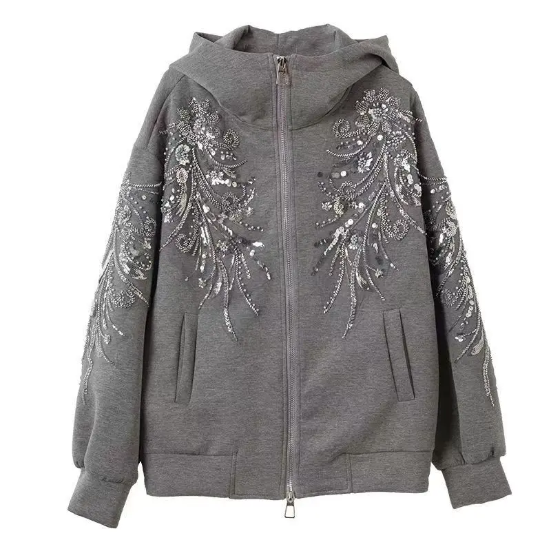 High Street Gothic Retro Large Area Pattern Embroidered Hoodie Y2K Large Casual Loose Zipper Sweatshirt Clothing