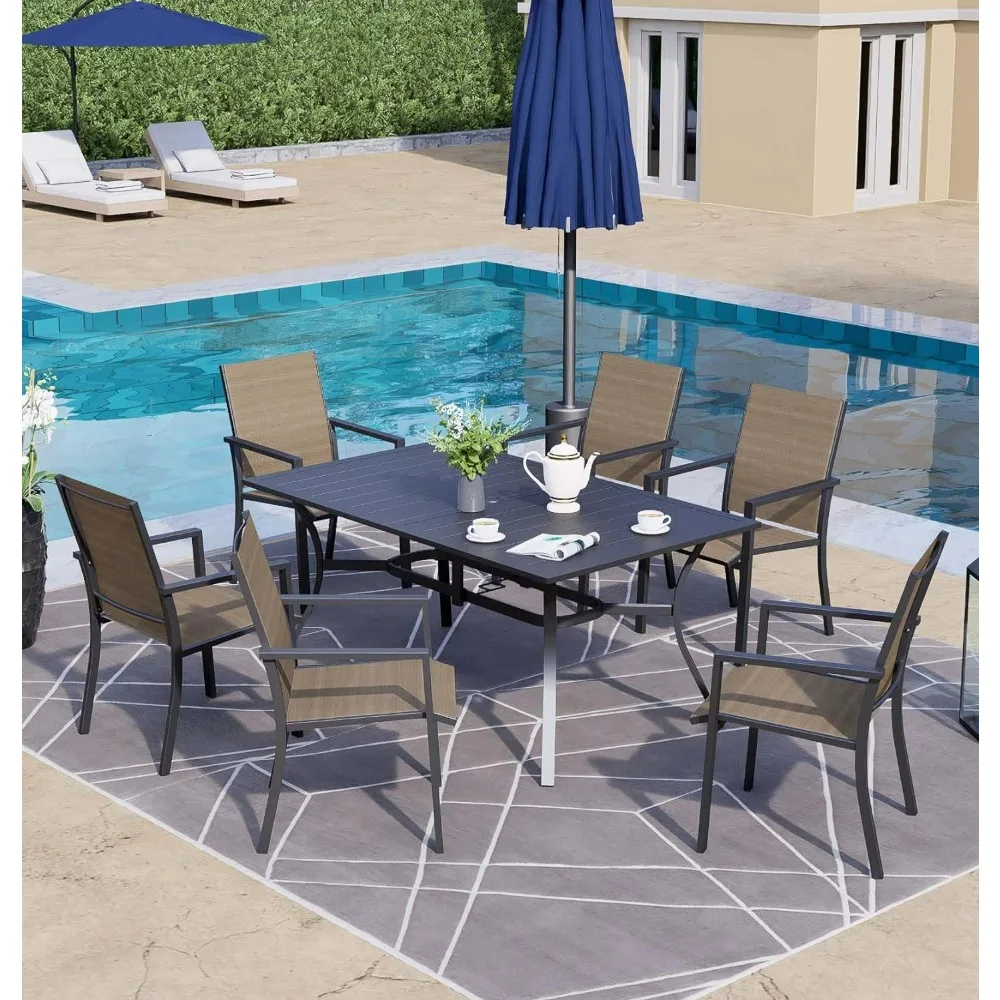 

Outdoor Patio Dining Set For 6 Dining Metal Chairs & 1 Rectangle Outdoor Dining Table With 1.57" Umbrella Hole,patio Furniture