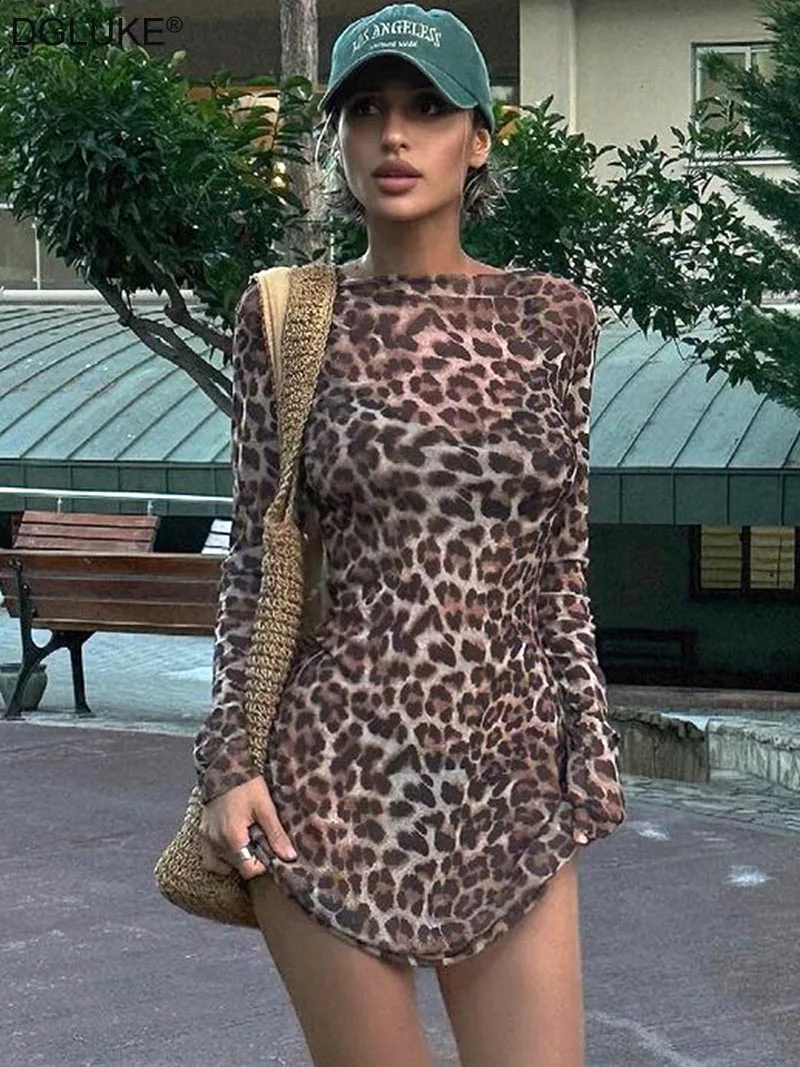 DGLUKE Leopard Print Sexy Mini Dress Woman O-Neck Long Sleeve Mesh Dress 2 Piece Set Party Night Club Dresses