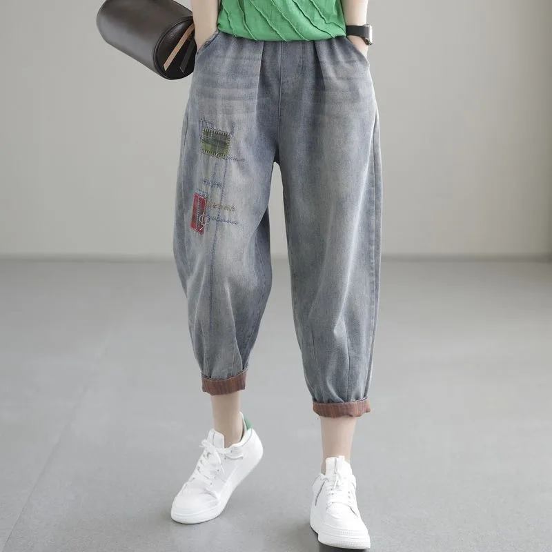 

women pants Women's Summer Thin Jeans Patchwork Embroidery Loose Plus Size 8/10 Harem Pants Fashion Denim Trousers y2k